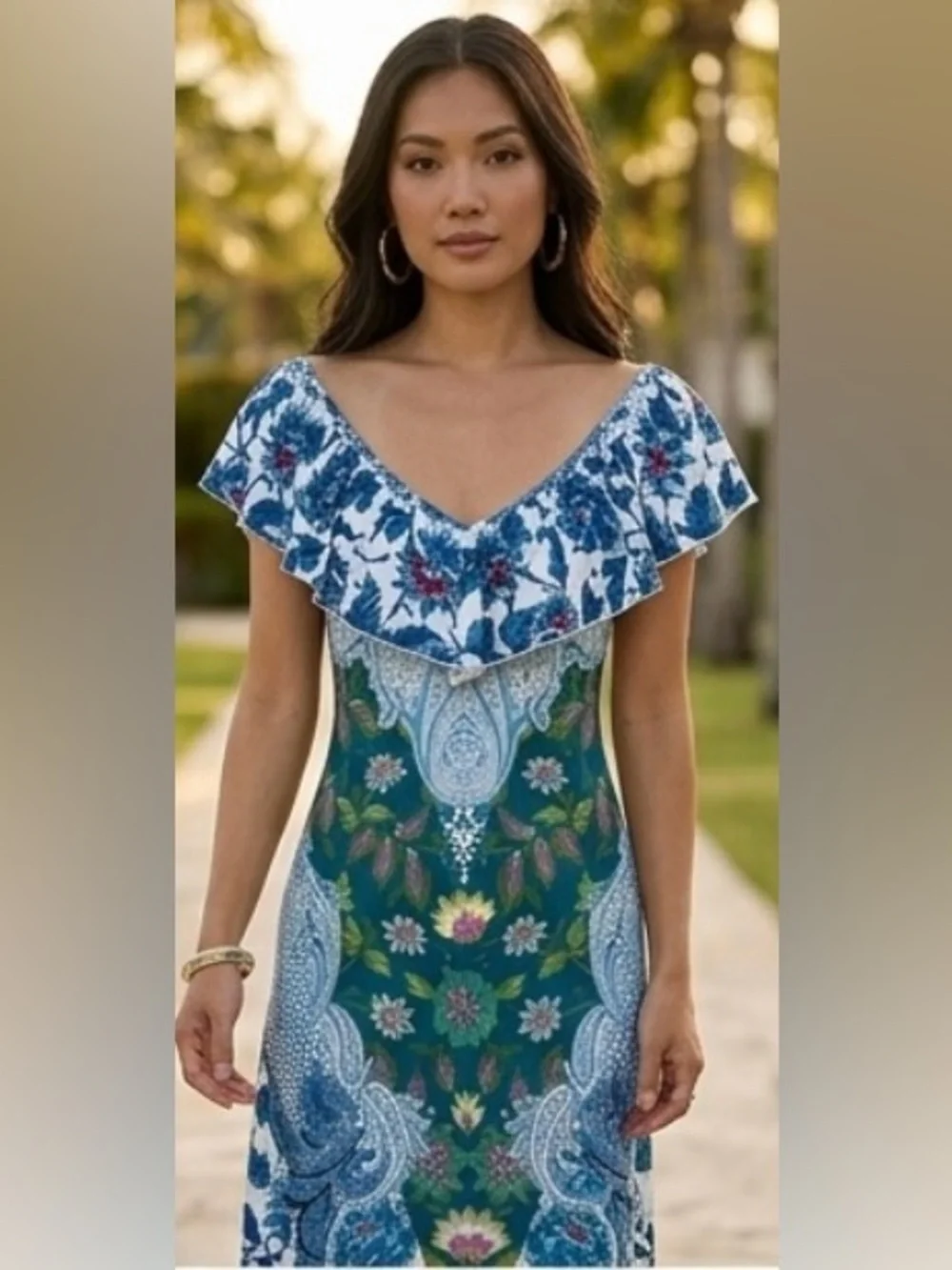 Hale Bob Floral Resort Maxi Dress XS Blue Green Ruffle Neck EUC
